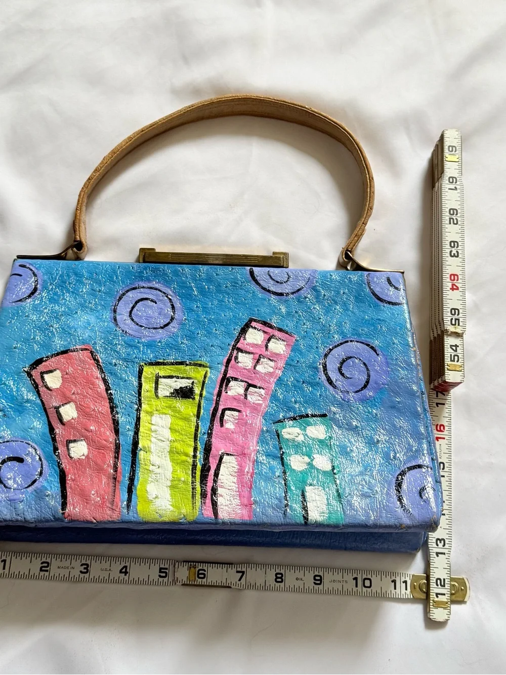 Vintage Hand Painted Ostrich Leather Frame Bag Cityscape Skyline Handbag Art